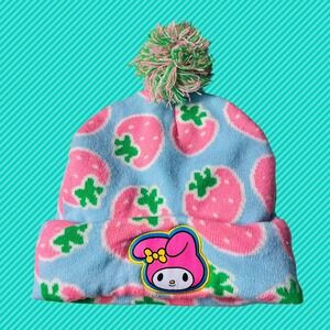 Sanrio My Melody Strawberry Pom-Pom Tassel Beanie Winter Hat, Bioworld, One-Size
